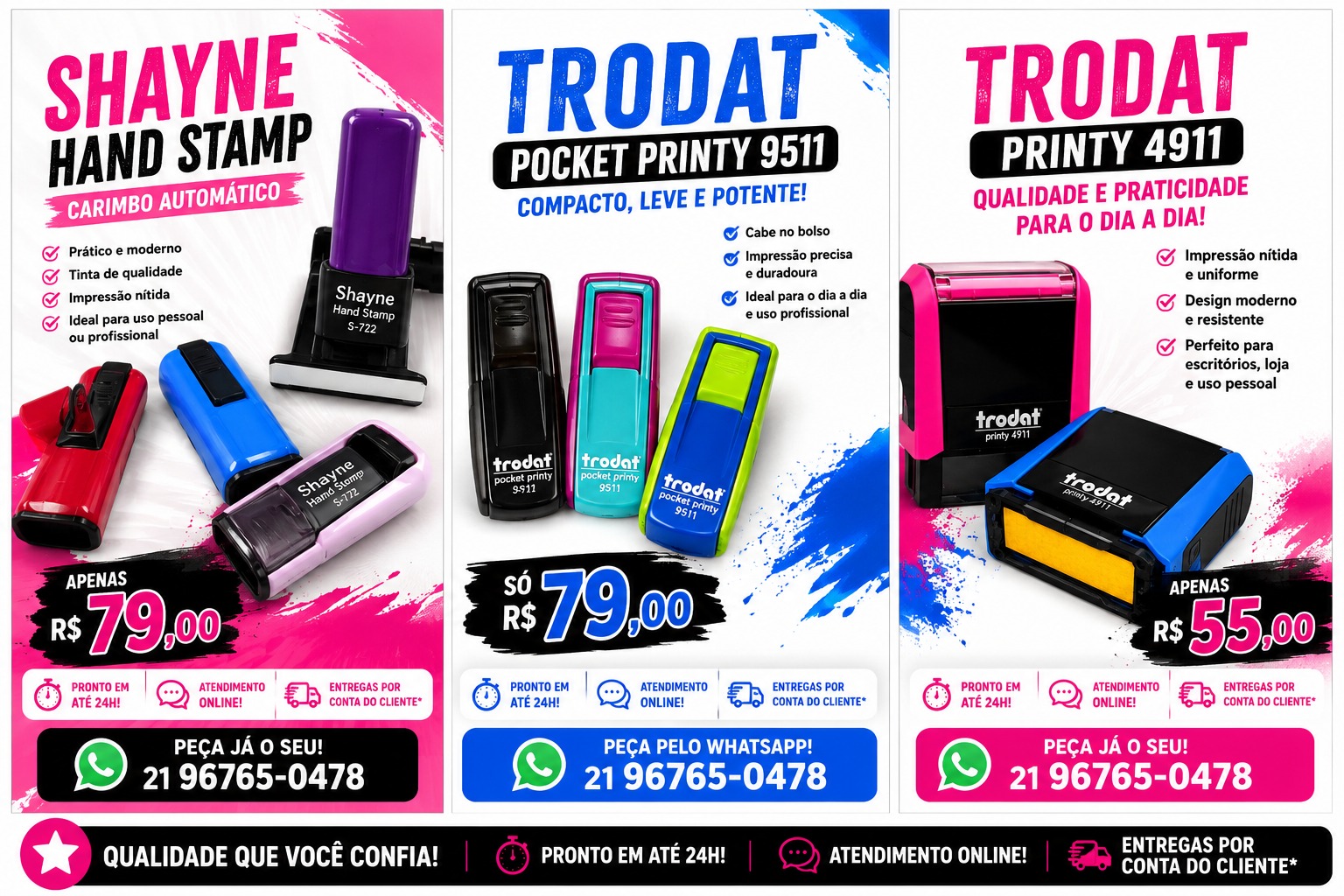 Anúncios promocionais dos carimbos personalizados Shiny Handy Stamp S-722, Trodat Pocket Printy 9511 e Trodat Printy 4911 com preços da Andreia Gráfica