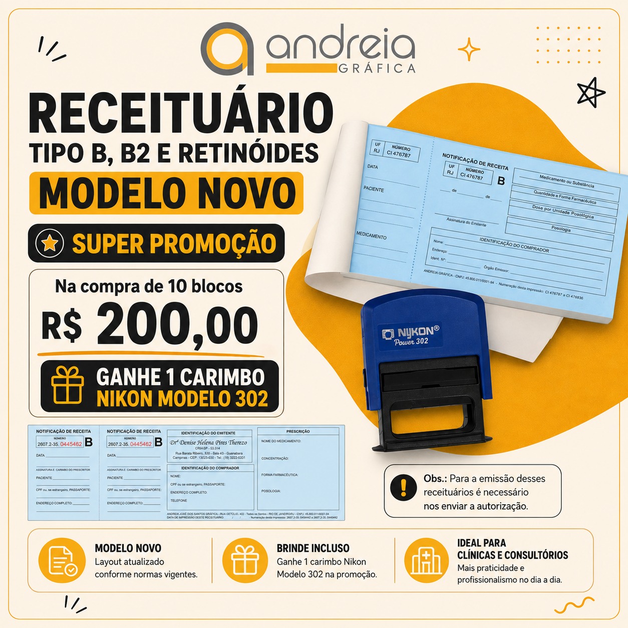 Promoção de receituário controlado Tipo B, B2 e Retinoides no novo padrão — 10 blocos por R$ 200,00 e ganhe 1 carimbo de brinde, clique e saiba mais